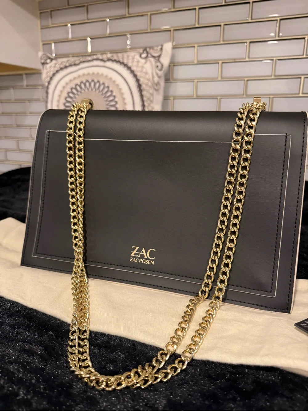 ZAC Zac Posen Black Accordian Leather Shoulder Bag with Gold Hardware